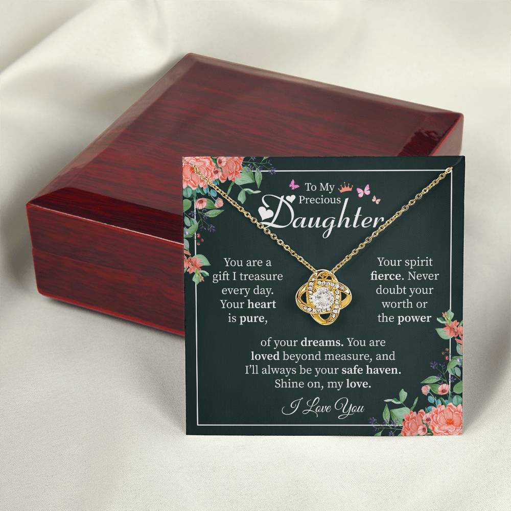 To My Precious Daughter Gift - Heartfelt Love Message Card from Mom or Dad Love Knot Necklace