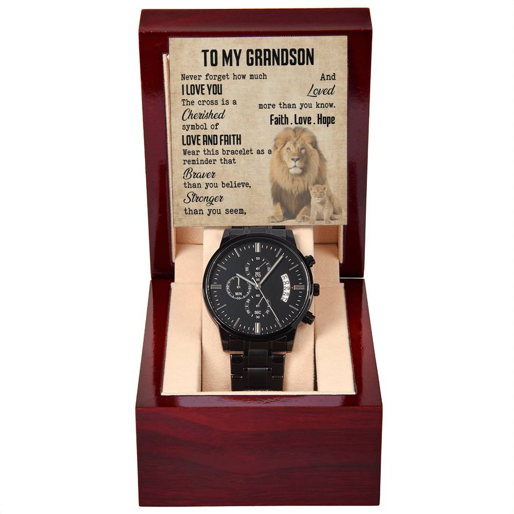 To My Grandson: Cherished Cross Watch Gift with Faith and Love Black Chronograph Watch