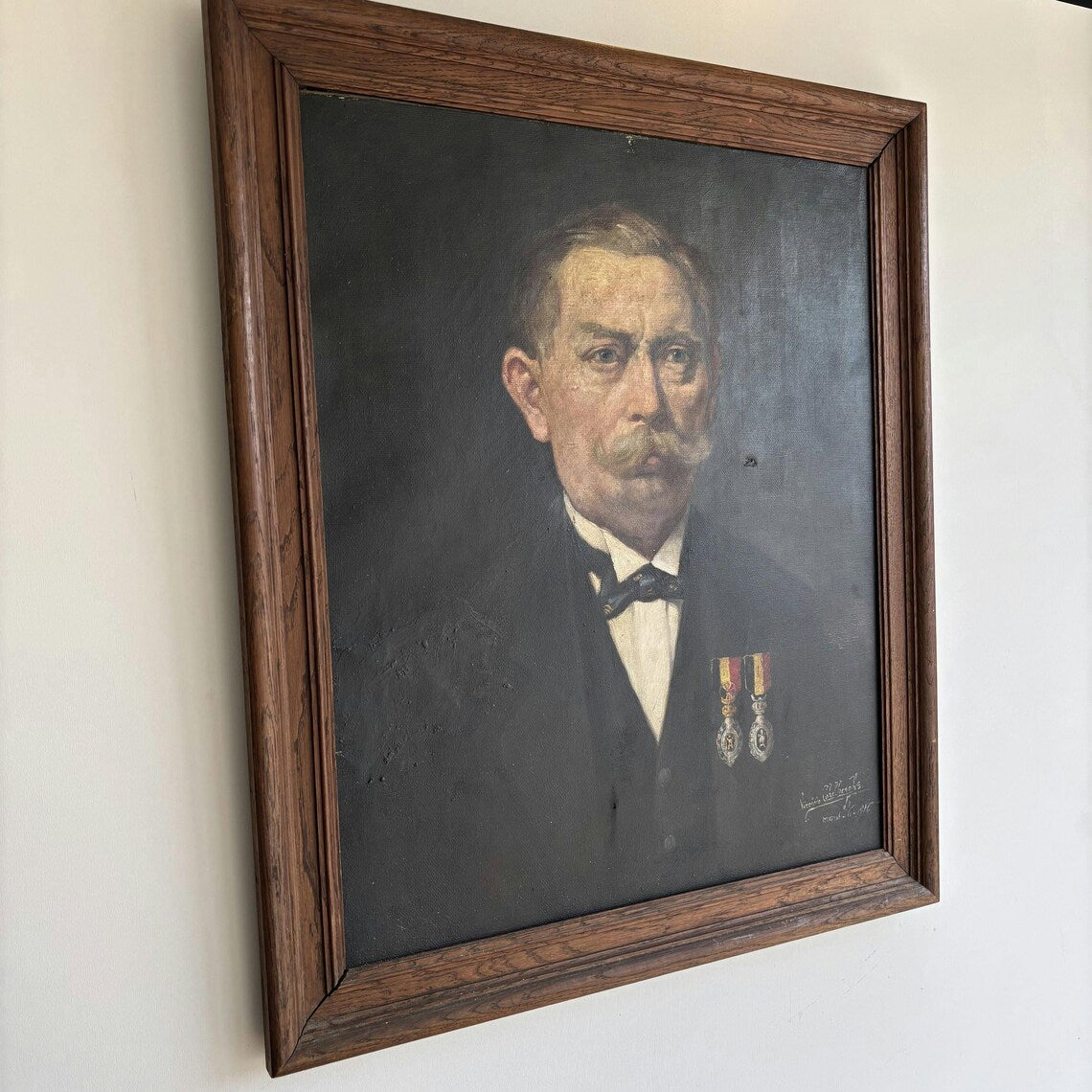 1916 Antique Portrait Oil Painting "Moustached Man" Large Art