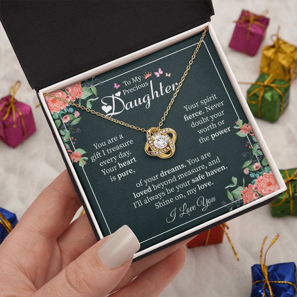 To My Precious Daughter Gift - Heartfelt Love Message Card from Mom or Dad Love Knot Necklace
