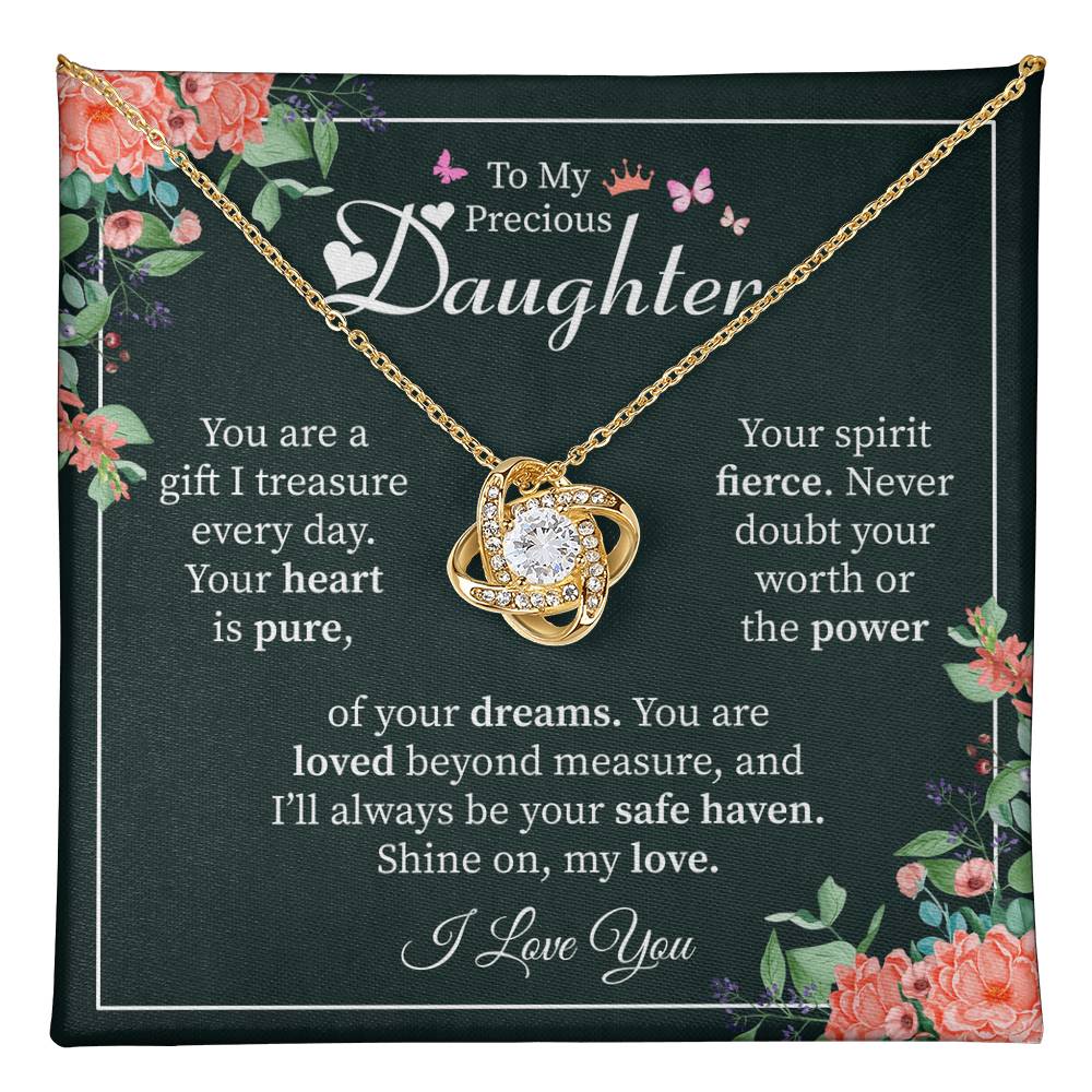 To My Precious Daughter Gift - Heartfelt Love Message Card from Mom or Dad Love Knot Necklace
