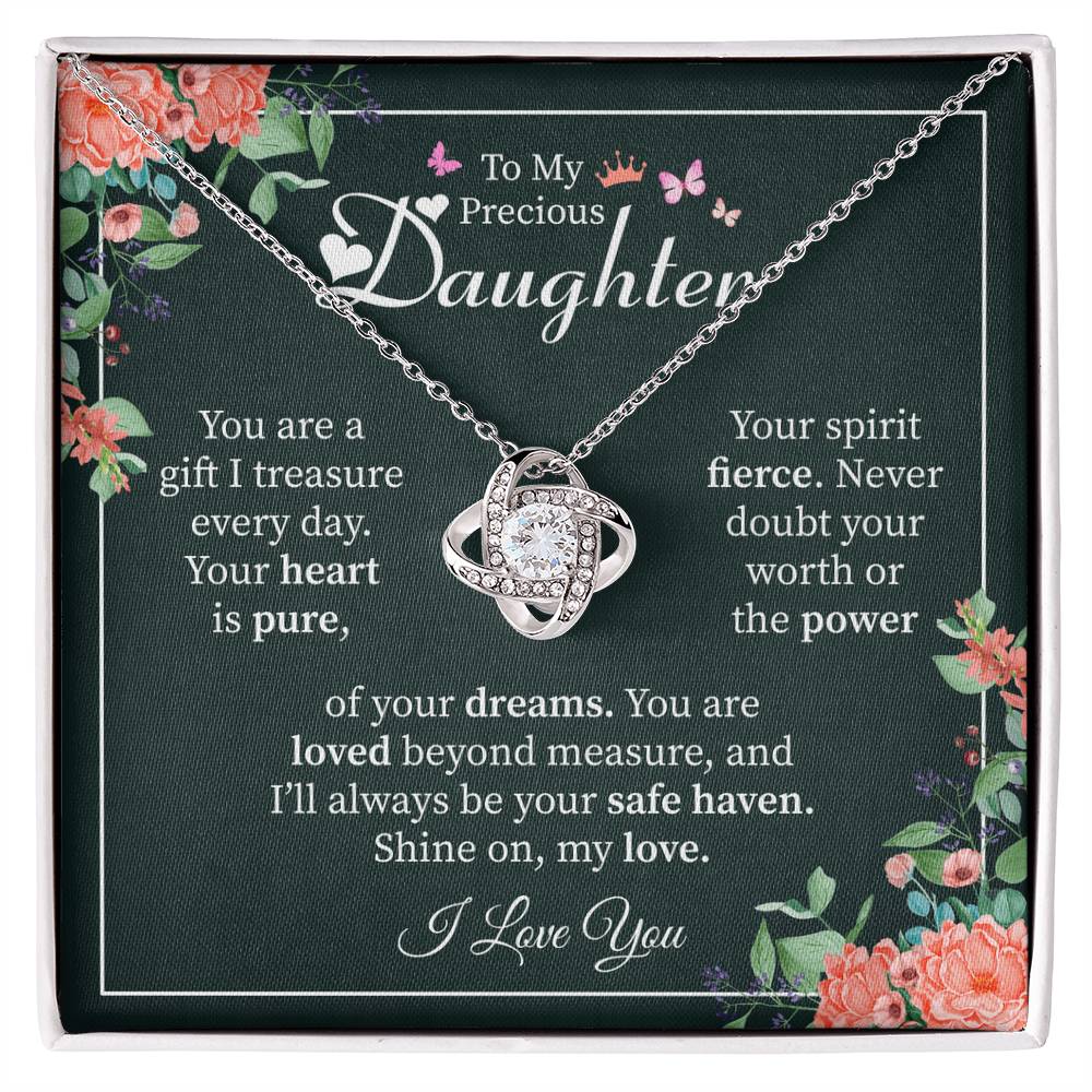 To My Precious Daughter Gift - Heartfelt Love Message Card from Mom or Dad Love Knot Necklace