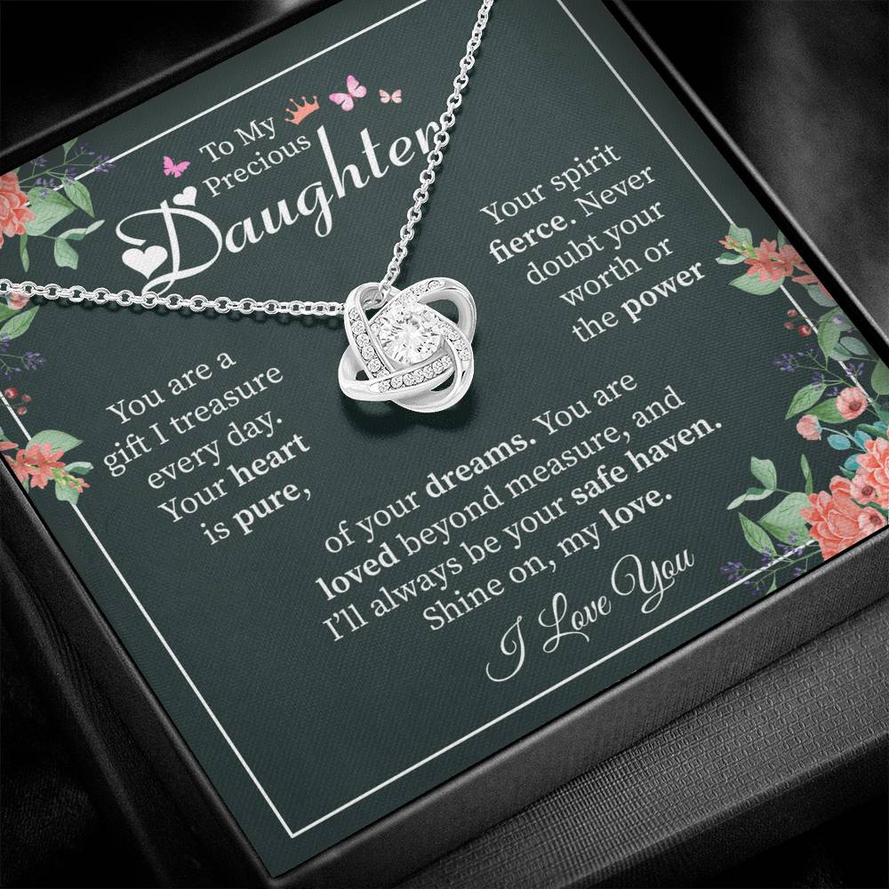 To My Precious Daughter Gift - Heartfelt Love Message Card from Mom or Dad Love Knot Necklace