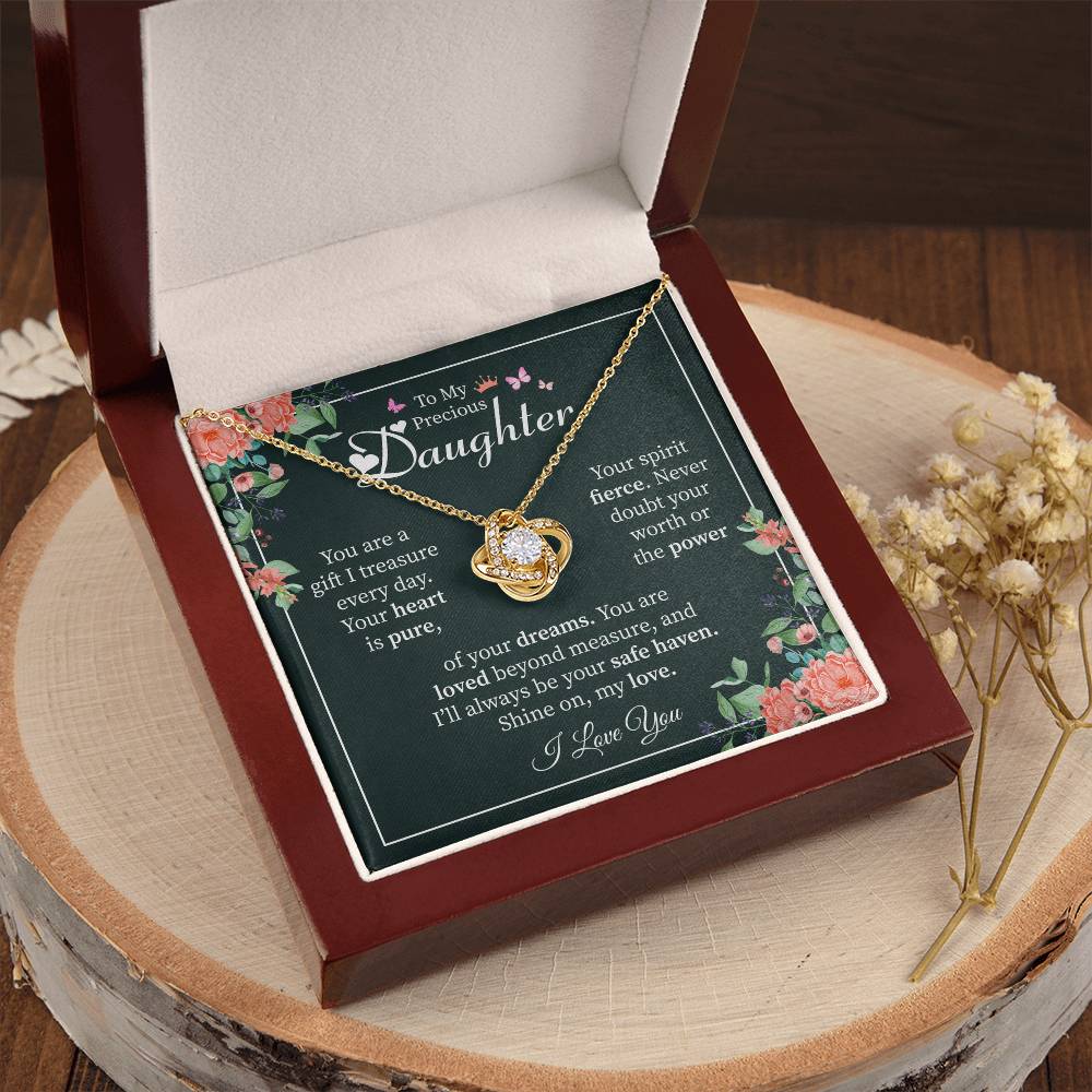 To My Precious Daughter Gift - Heartfelt Love Message Card from Mom or Dad Love Knot Necklace