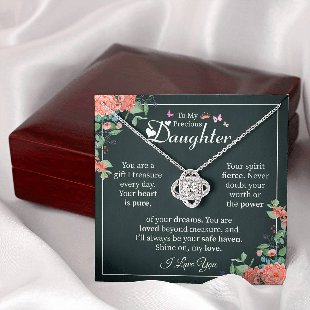 To My Precious Daughter Gift - Heartfelt Love Message Card from Mom or Dad Love Knot Necklace