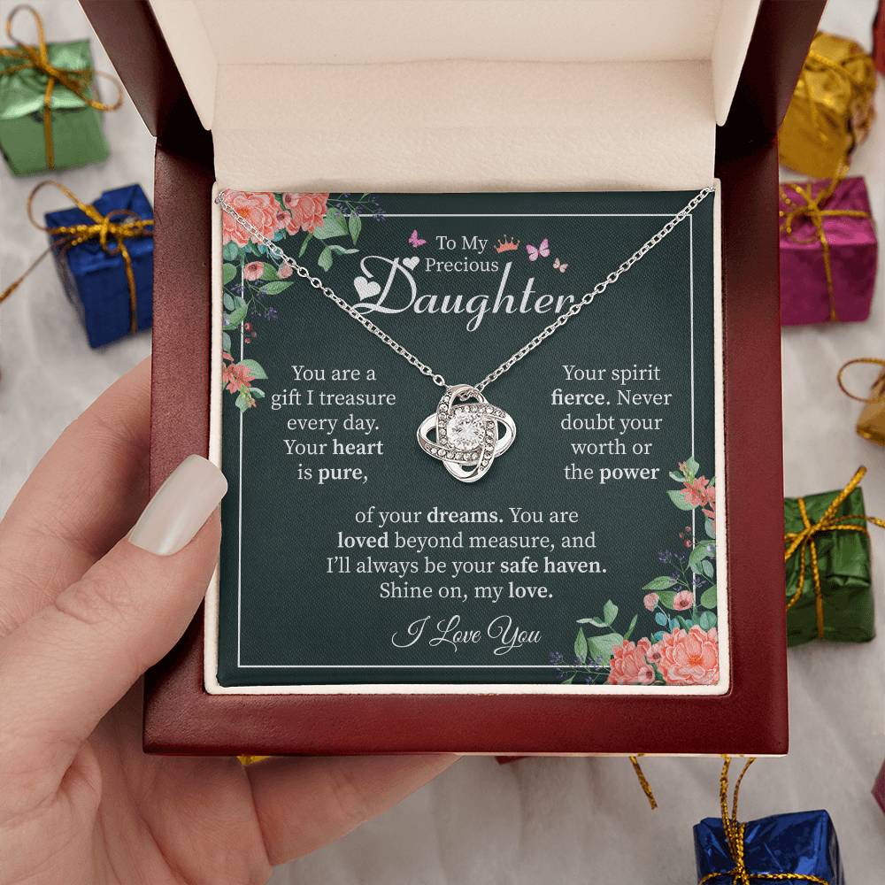 To My Precious Daughter Gift - Heartfelt Love Message Card from Mom or Dad Love Knot Necklace