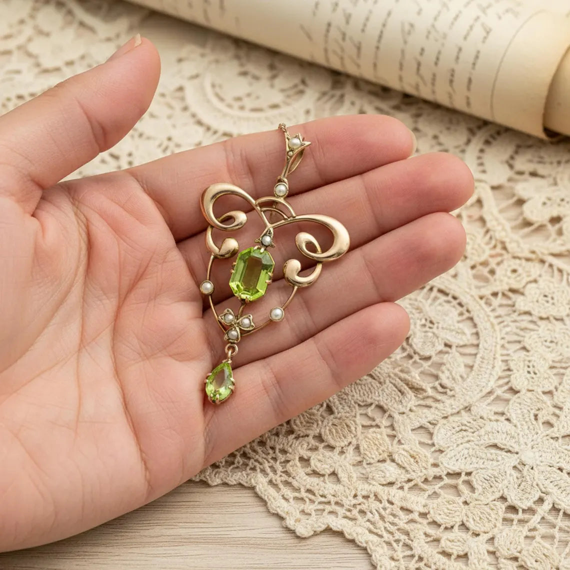 Art Nouveau Peridot And Seed Pearl Pendant/Brooch, Antique Art Deco Wedding Necklace/Brooch, Vintage Style Two In One Jewelry, Gift For Her