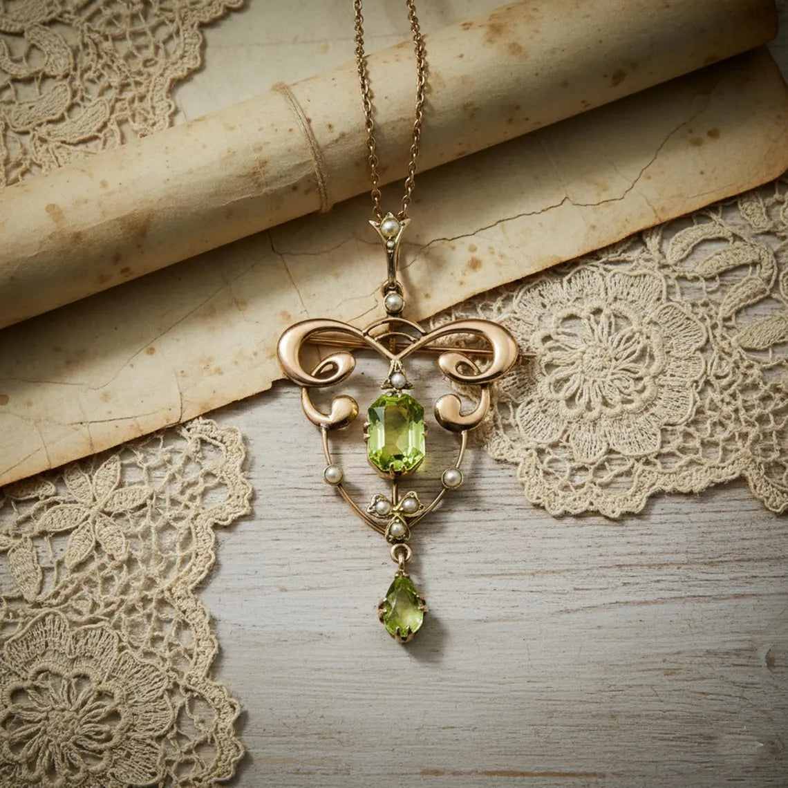 Art Nouveau Peridot And Seed Pearl Pendant/Brooch, Antique Art Deco Wedding Necklace/Brooch, Vintage Style Two In One Jewelry, Gift For Her