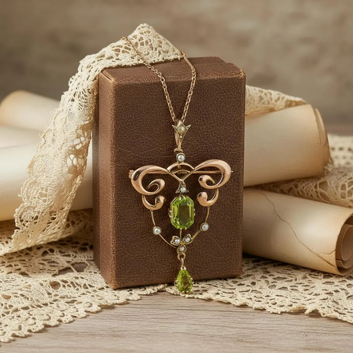 Art Nouveau Peridot And Seed Pearl Pendant/Brooch, Antique Art Deco Wedding Necklace/Brooch, Vintage Style Two In One Jewelry, Gift For Her