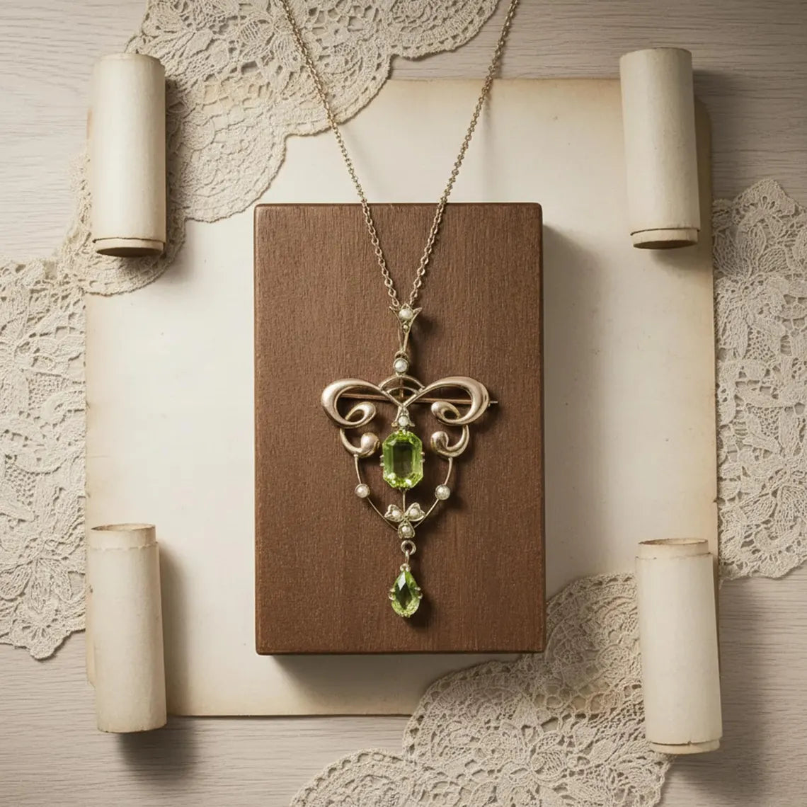 Art Nouveau Peridot And Seed Pearl Pendant/Brooch, Antique Art Deco Wedding Necklace/Brooch, Vintage Style Two In One Jewelry, Gift For Her