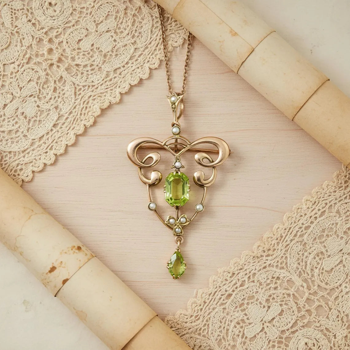 Art Nouveau Peridot And Seed Pearl Pendant/Brooch, Antique Art Deco Wedding Necklace/Brooch, Vintage Style Two In One Jewelry, Gift For Her
