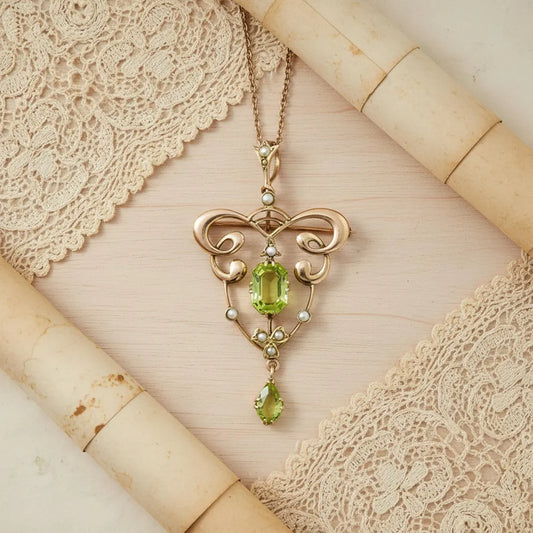 Art Nouveau Peridot And Seed Pearl Pendant/Brooch, Antique Art Deco Wedding Necklace/Brooch, Vintage Style Two In One Jewelry, Gift For Her
