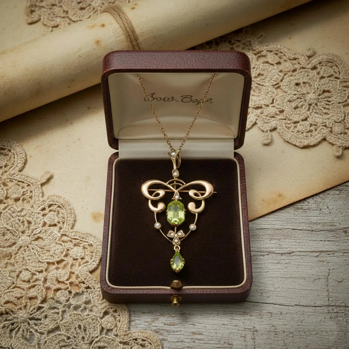 Art Nouveau Peridot And Seed Pearl Pendant/Brooch, Antique Art Deco Wedding Necklace/Brooch, Vintage Style Two In One Jewelry, Gift For Her