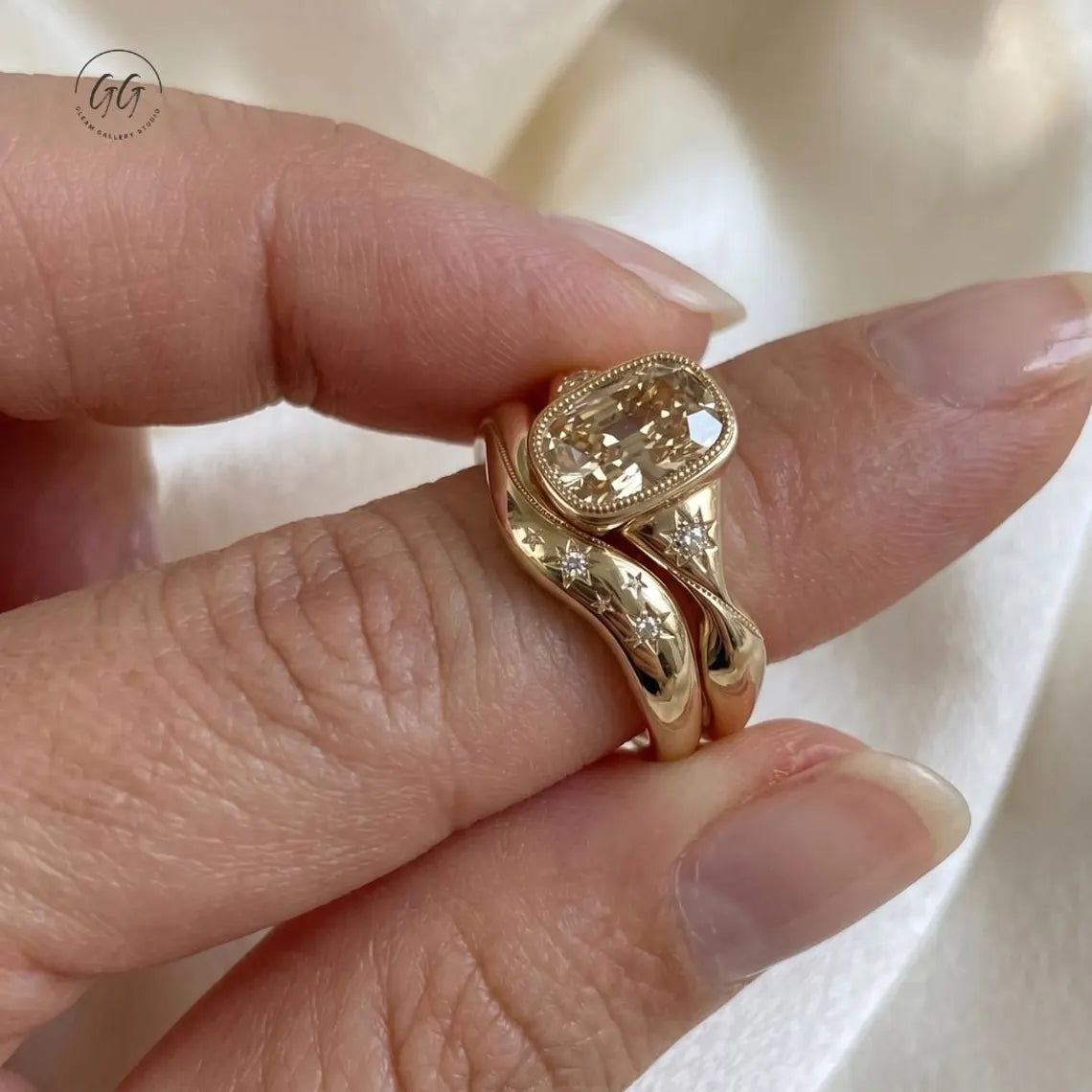 3CT Old Mine Cushion Champagne Cut Moissanite Engagement Ring Set |Starburst Engraved Wedding Band |Milgrain Antique Anniversary Gift Her