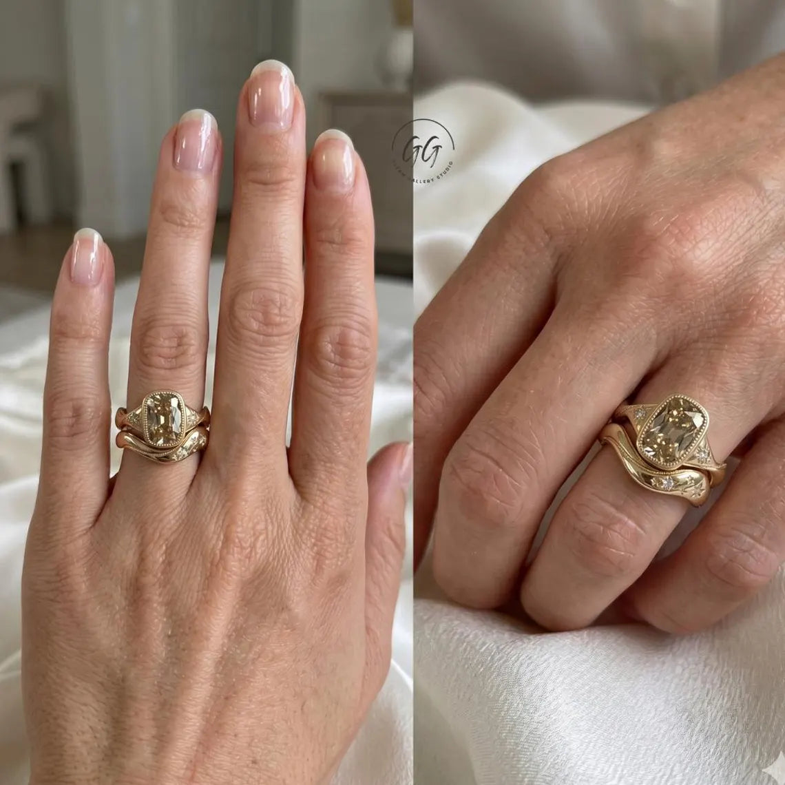 3CT Old Mine Cushion Champagne Cut Moissanite Engagement Ring Set |Starburst Engraved Wedding Band |Milgrain Antique Anniversary Gift Her