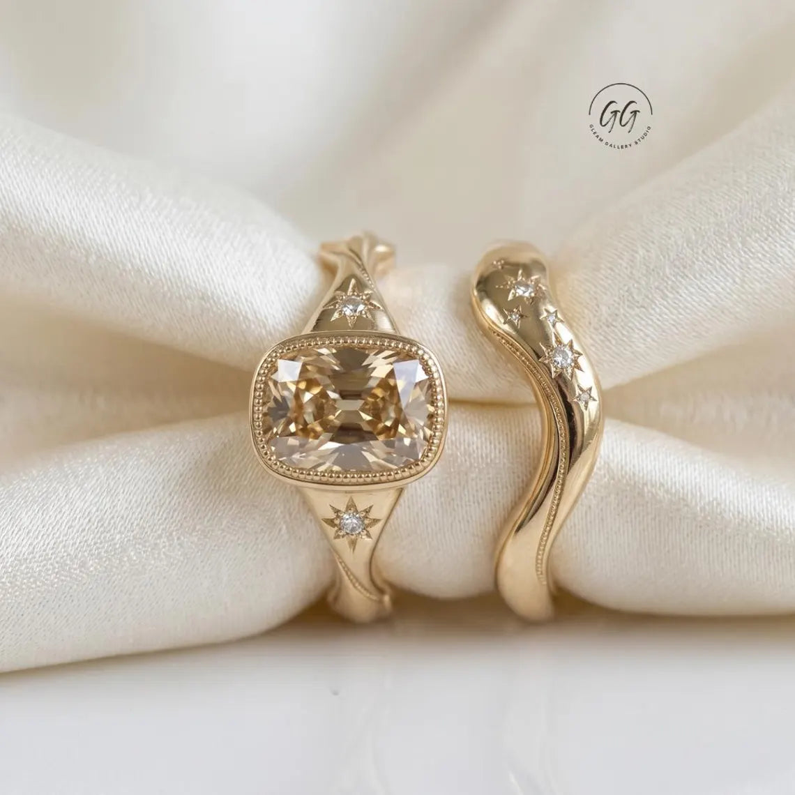 3CT Old Mine Cushion Champagne Cut Moissanite Engagement Ring Set |Starburst Engraved Wedding Band |Milgrain Antique Anniversary Gift Her