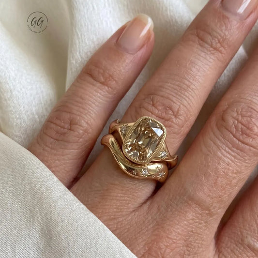 3CT Old Mine Cushion Champagne Cut Moissanite Engagement Ring Set |Starburst Engraved Wedding Band |Milgrain Antique Anniversary Gift Her