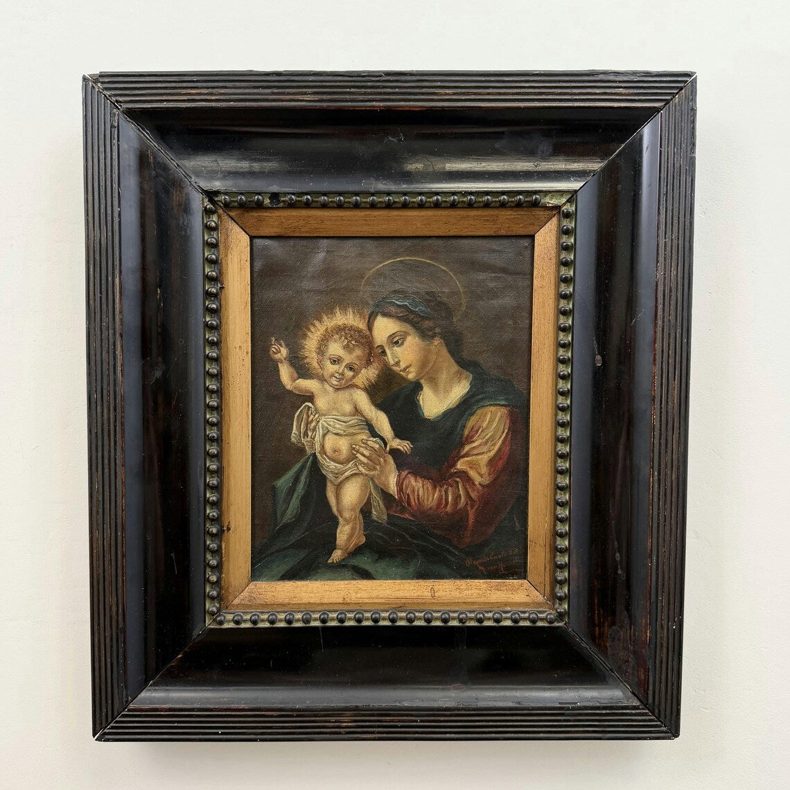 19th Century Antique Portrait Oil Painting "Madonna Child" Artwork