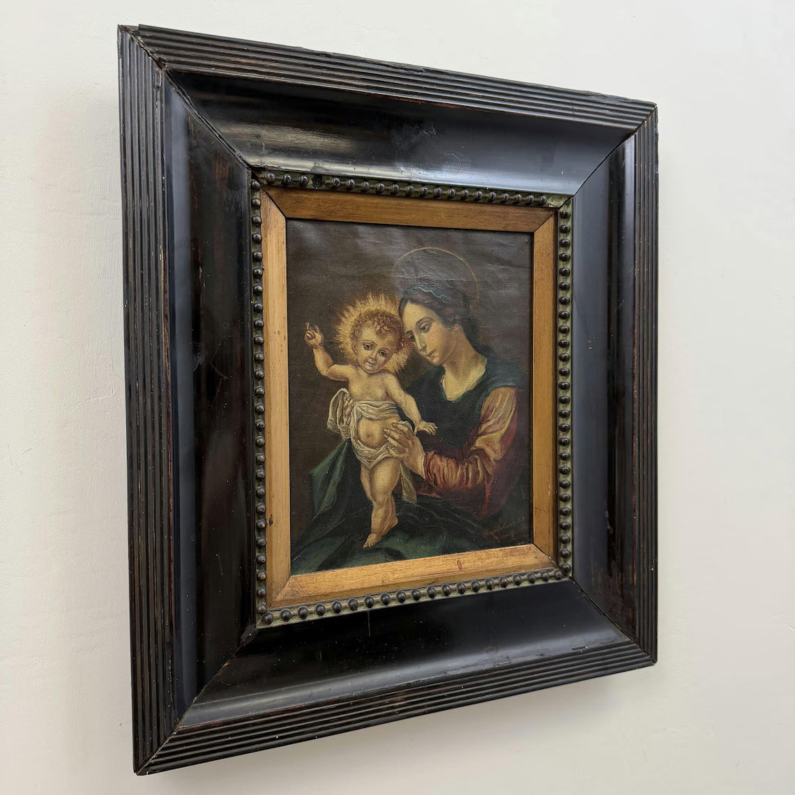 19th Century Antique Portrait Oil Painting "Madonna Child" Artwork