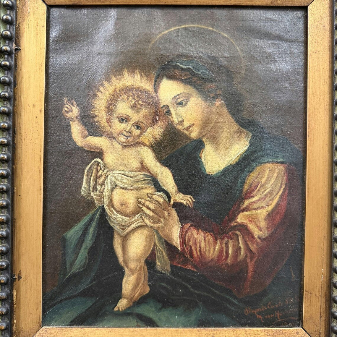 19th Century Antique Portrait Oil Painting "Madonna Child" Artwork