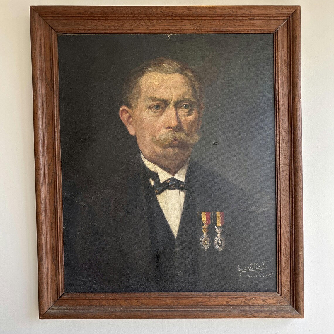 1916 Antique Portrait Oil Painting "Moustached Man" Large Art