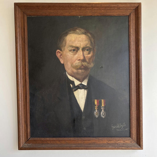 1916 Antique Portrait Oil Painting "Moustached Man" Large Art