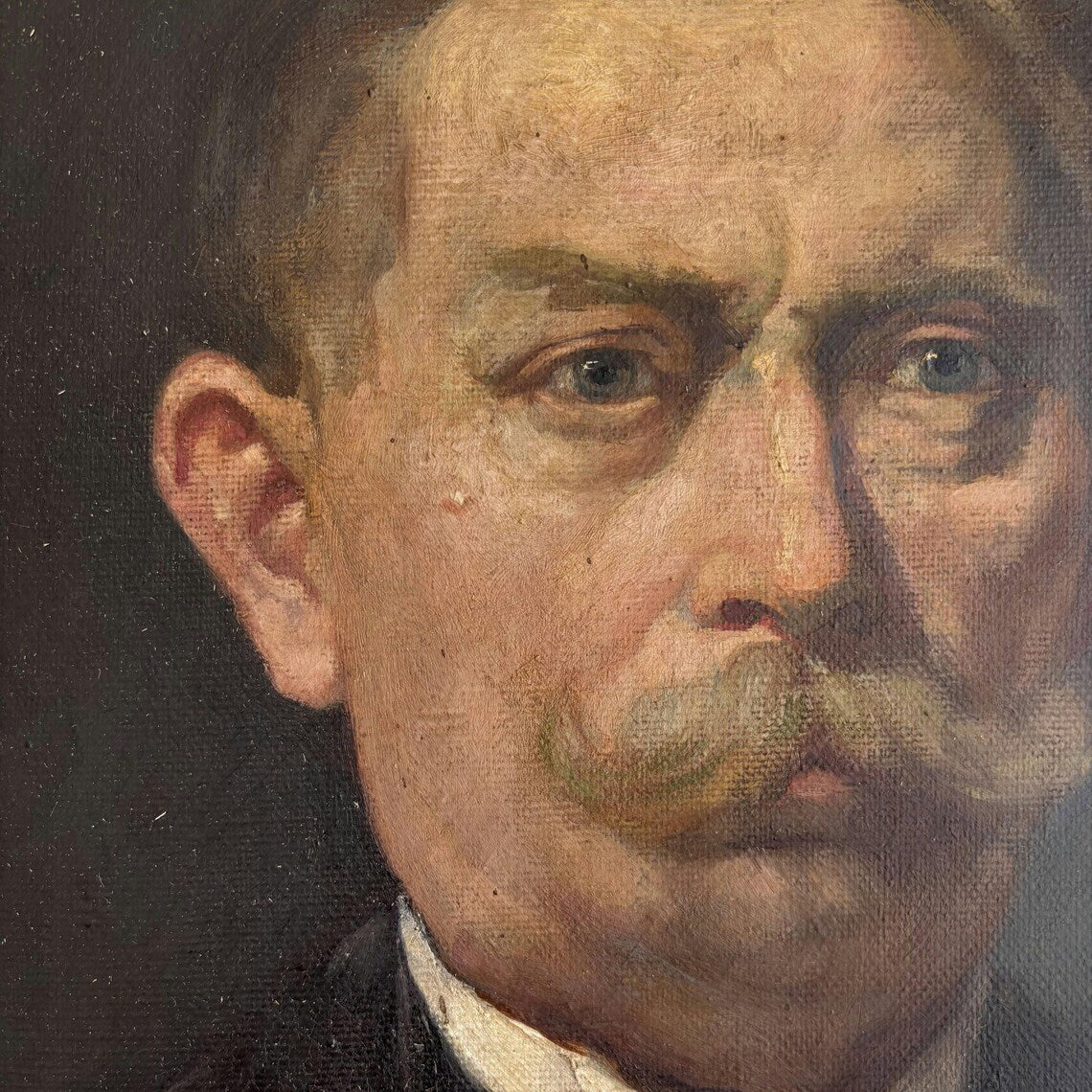 1916 Antique Portrait Oil Painting "Moustached Man" Large Art